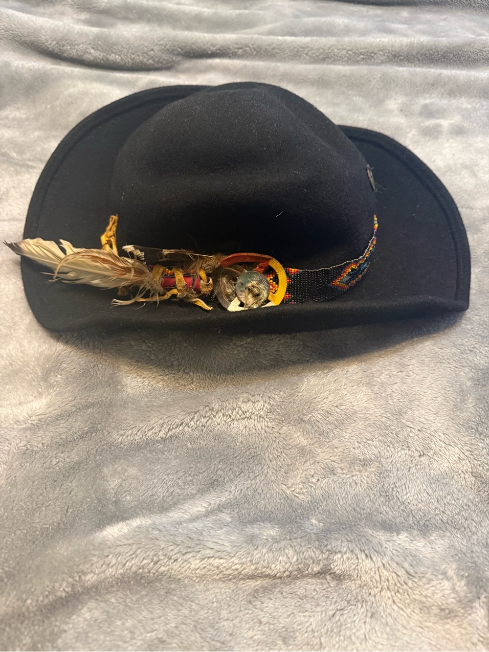 Men's Stetsons Black wool Western Hat with Beaded Band and Feather Detail